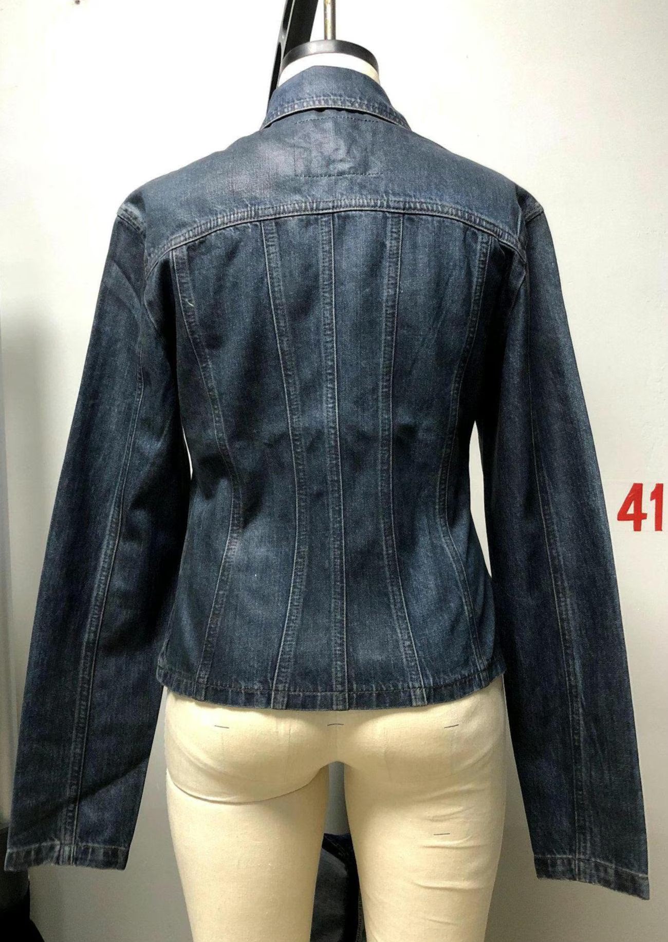 Coated Denim Jean Jacket Dark Wash Slim Fit, Classic Trucker Style, Unisex Small/Medium