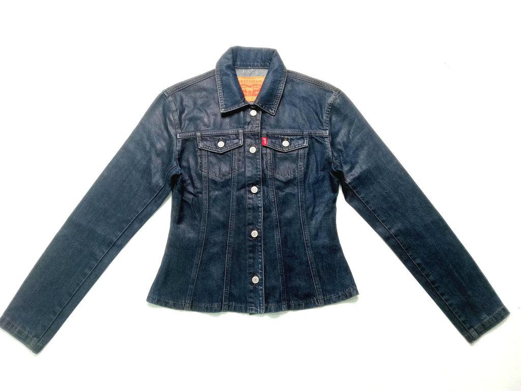 Coated Denim Jean Jacket Dark Wash Slim Fit, Classic Trucker Style, Unisex Small/Medium