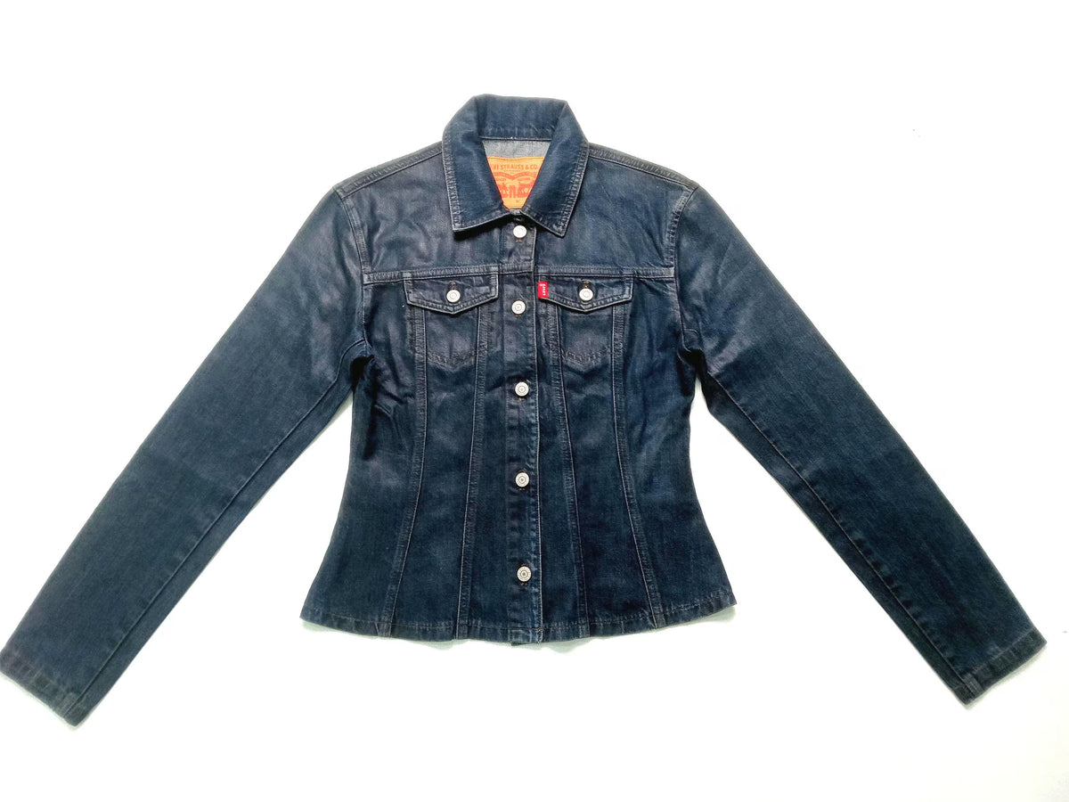 Coated Denim Jean Jacket Dark Wash Slim Fit, Classic Trucker Style, Unisex Small/Medium