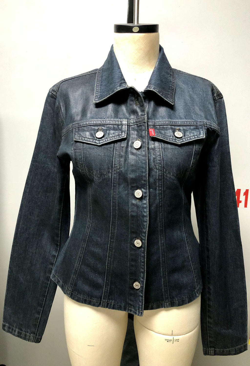 Coated Denim Jean Jacket Dark Wash Slim Fit, Classic Trucker Style, Unisex Small/Medium