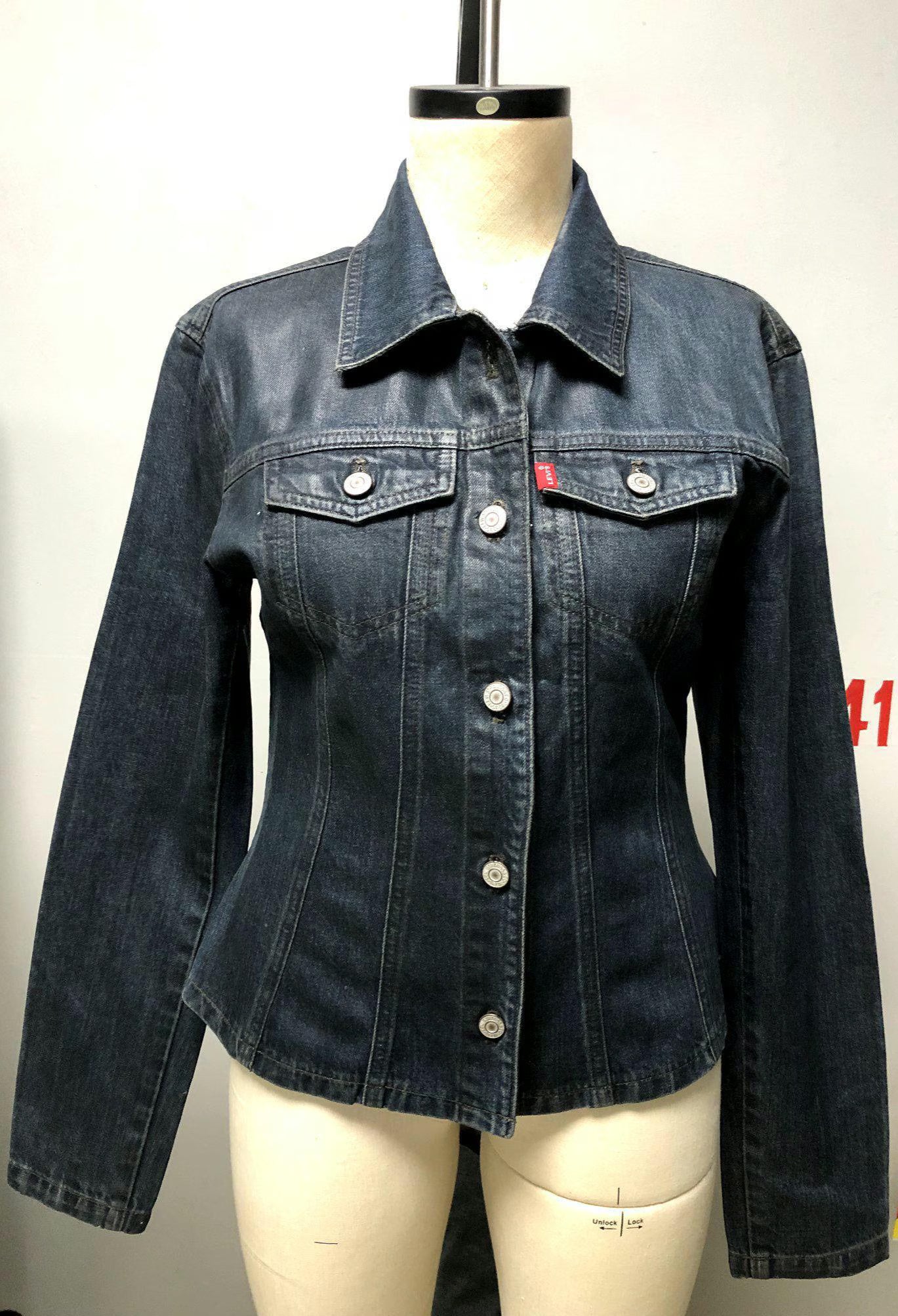 Coated Denim Jean Jacket Dark Wash Slim Fit, Classic Trucker Style, Unisex Small/Medium